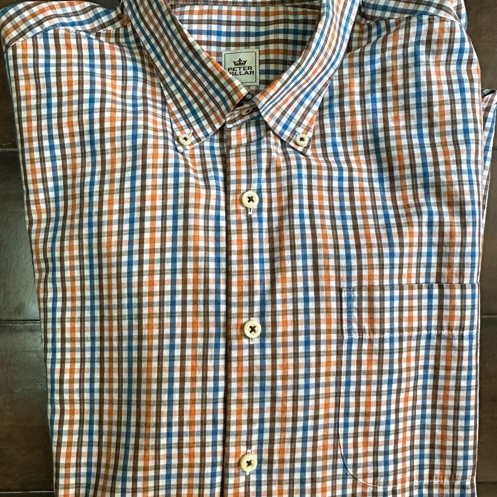 Peter Millar Men's Blue Orange Brown Check Long Sleeve Button Down Shirt